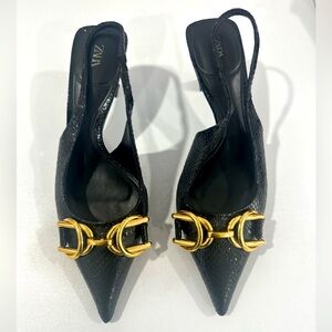 Zara black and gold sling back heels